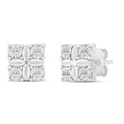 Bevilles Miracle Surround Square Shaped Stud Earrings with 0.05ct of Diamonds in Sterling Silver