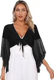[Yhong] Women 3/4 Tulle Flared Sleeve Belly Dance Shawl Crop Top Tie Front Bolero Shrug Cardigan