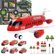 Coolplay Airplane Toy Car Set Red Airplane Light and Sound with Rescue Fire Trucks Road Signs Playmat for Kids Boy Toys