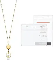 Vzrflee Retractable Badge Reel Lanyard with 2 Pieces ID Holder for Women, Fashion Beaded Chain Premium Stainless Steel Lanyard Necklace Water Resistant Name Badge Holder (Gold)