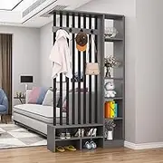 Wood Room Divider, Wall Room Divider, Freestanding Room Divider with Storage Shelves, Entry Hall Storage Rack with Shoe Storage, Multifunctional Room Divider with Coat Rack(Gray+Black,L140cm