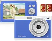 Compact 4K Digital Camera Video Camcorder 50MP 2.88Inch IPS Screen Auto Focus 16X Anti-Shake Face Detact Smile Capture Built-in Flash with 2pcs Batteries Carry Bag Wrist Strap for Blue
