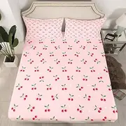 Girls Cherry Bed Sheet Set Cute Fruit Toddler Bedding Sheets Baby Women Pink Kawaii White Dots Decor Bedding Fitted Sheet Lovely Sweet Fresh Bed Cover Room 2Pcs Twin Size