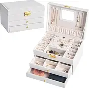 [Aucbyao] Jewelry Box for Women, 3 Layer Jewelry Organizer Box, Large Jewelry Storage Box with Drawer, Jewelry Storage Organizer, PU Leather Display Jewelry Holder for Earring, Ring, Necklace, Bracelets (White)