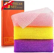 UJFQBH 3 Pieces African Bath Sponge African Net Long Net Bath Sponge Exfoliating Shower Body Scrubber Back Scrubber Skin Smoother,Great for Daily Use (Pink,Yellow,Purple)