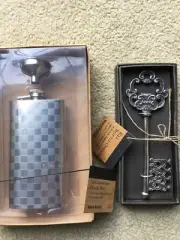 NEW CHECKERBOARD STAINLESS STEEL ALCOHOL LIQUOR FLASK,FUNNEL & KEY BOTTLE OPENER