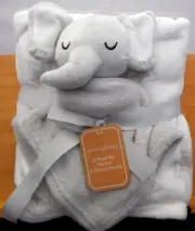 2 Piece Set Blanket & Security Elephant White w/ Gray Stars Goodnight Baby NWT