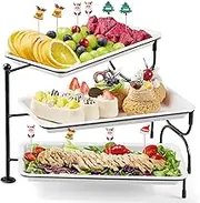 Lifewit 3 Tier Plastic Serving Tray Platter for Party Entertaining, 12" x 6.5" Dessert Table Display Set, White Reusable Dishes with Black Metal Display Stand for Veggie, Fruit, Cookies