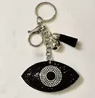 Evil Eye Black Bling Diamante Silver Greek Key Ring Keychain Bag Charm