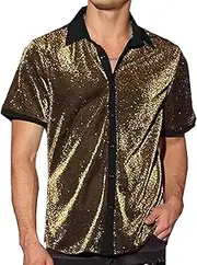 [VgueElegc] Men's Buttons Contrast Glitter Shirt Sequin Short Sleeve Shirts for Men Male Sequin Short Sleeve Shirts