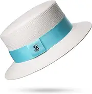 [Fiunkes] Womens Boater Hat with Band, Wide Brim UV Protection Sun Hat, UPF50+ Skimmer Hat Straw Beach Hat 20s Costume Accessory