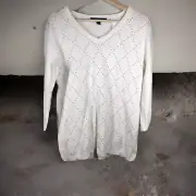 Tommy Hilfiger M NWT Studded Argyle V Neck Top Winter White Light Sweater