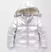 NEW ThereAbouts Jacket Kids Size L - 14 Silver Shimmer Puffer Removable Hood