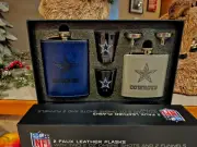 DALLAS COWBOYS 2 FLASK & 2 SHOT GLASS SET NEW GREAT GIFT FAUX LEATHER FUNNEL NFL