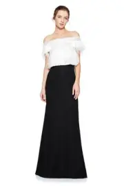 TADASHI SHOJI Black White Off Shoulder Ostrich Feather Lace Janessa Maxi Gown 4