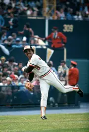 Reggie Jackson Baltimore Orioles throws the ball back into the in- 1976 Photo