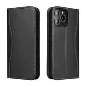 For iPhone 15 Pro Case Fierre Shann Genuine Cowhide Leather Wallet Cover Black