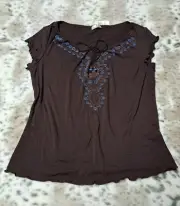 Pretty Brown w/Blue Micro-Beading & Glitter Top by Charlotte Russe Sz Large NWT