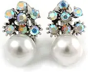 [Avalaya] 25mm Tall/Vintage Inspired AB Crystal Faux Pearl Clip On Earrings/Aged Silver Tone, Silver