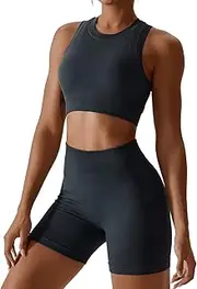 [ABOCIW] Workout Sets for Women 2 Piece Seamless Ribbed Tank Top Sport Bra High Waist Biker Shorts GYM Yoga Exercise Outfits
