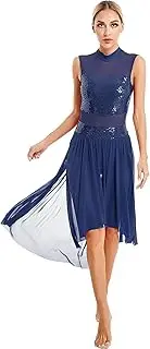 [TiaoBug] Women Lyrical Dance Dress Modern Contemporary Costume Sleeveless Sequins Mesh Tulle Side Split Skirt Ballet Dancewear