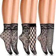 [SIWOKJJO] 6 Pairs Lace Fishnet Socks, Black Mesh Sheer Sock, Ultrathin Transparent Casual Everyday Sock, Lace Ankle Pop Socks for Ladies Girls, Multicolour, One size