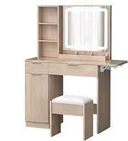 ALFORDSON Dressing Table and Chair Stool Set with LED Mirror, Shelves and Drawers, Wood Color, Makeup Vanity Desk with Flip-up Countertop