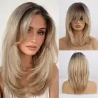 Mixed Blonde Wig with Curtain Bangs Medium Length Layered Hair Wig for Women ...