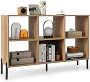 [Giantex] 6-Cube Storage Bookcase, 3-Tier Wooden Open Bookshelf with 5 Metal Legs, Freestanding Display Cabinet Rack with Adjustable Shelves for Bedroom, Living Room, Home Office, Natural