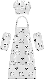 AIXIWAWA Kids Apron Chef Hat Set, Child Kitchen Bib Aprons Adjustable for Cooking Baking Painting (Cat Faces Paws)