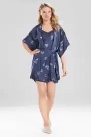 NWT NATORI $170 NIGHT BLUE PAPILLON LACE TRIM PRINTED SATIN ROBE L LARGE