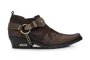 Men's Real Leather Western Shoes Brown Cuban Metal Chain Cowboy Winklepickers