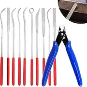 10Pcs Assorted Mini Diamond Files Set Including Flat Needle Square Round Shape Rifler Bend Curved Files for Metal Jewelers Glass Wood Carving Crafts with Bonus Cutter