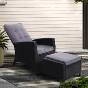 1x Gardeon Sun lounge Outdoor Chairs Recliner Chair Wicker Lounger Sofa Day Bed Patio Furniture Garden Cushion Ottoman Black
