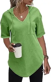 [Cuptacc] Pullover Women's Hoodie Long Sleeve V Neck Pullover Sweatshirt Hoodie Plain Drawstring Top, Short Sleeve Apple Green, L