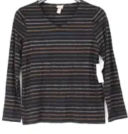 CHICO'S WOMEN'S SPARKLE STRIPE V-NECK LONG SLEEVE TOP SIZE1 US SIZE S NWT $49