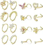 [Kakonia] 16Pcs Nose Rings For Women Surgical Steel Nose Studs Hoops 20G Nose Hoop Corkscrew L Shaped Nose Stud Gold Silver Nose Ring Nose Piercing Jewelry