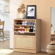Oikiture Shoes Rack Shoe Storage Cabinet Organiser Shelf 2 Doors 30 Pairs Rattan
