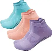 [Dress Cici] Cotton Pilates Socks with Tab, Low Cut Ankle Yoga Socks with Bottom Silicone Dots Non Slip Grip Socks (3 Pack)