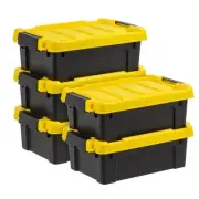 Storage Tote Bin 12 Qt Plastic Stackable Heavy Duty Black Yellow Lid Set of 5