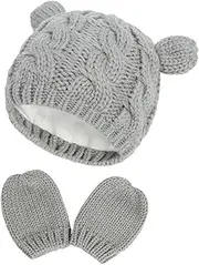 [LIFKOME] Baby Wool Cap Set Knitted Hat and Warm Gloves 3-6 Months Grey Boys and Girls Warm Hat Knitted Beanie Soft Material