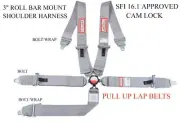 GREY 5 POINT RACE HARNESS CAM LOCK BOLT IN PULL UP LAP BELTS SFI 16.1 APPORVED
