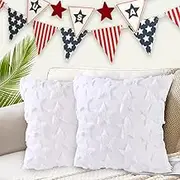 4th of July Throw Pillow Covers Set of 2, White Color Stars Soft Plush Faux Fur Jacquard Independence Day Decor Holiday Farmhouse Cushion Case Decoration for Sofa Couch 18 x 18 Inch