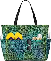 [Ghjkfbf] Alligator Skin Print Large Capacity Beach Travel Bag For Family, Beach Tote Bag For Women With Zipper Pockets, Black, One Size