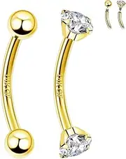 ALACLO 2 Pcs 14k Gold Filled Eyebrow Rings, 16G Threaded Rook Piercing Jewelry, Surgical Steel Vertical Lip Labret Belly Tongue Ring Daith Earring Curved Barbells