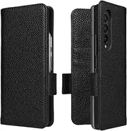 LANJLM Samsung Galaxy Z Fold 4 5G Wallet Case Genuine Leather Magnetic Buckle Flip Case Card Holder Shockproof Flip Cover - Black