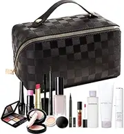cirea Brown Large Capacity Travel Cosmetic Bag Plaid Checkered Makeup Bag PU Leather Waterproof Skincare Bag with Handle and Divider, Black, Large Capacity Checkered Cosmetic Bag