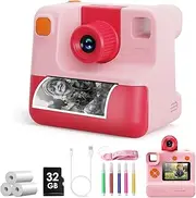 Instant Print Camera for Kids,1080P Kids Instant Cameras,HD Digital Video Cameras Toddler with Print Paper & 32G SD Card,Christams Birthday Gifts for Girls Boys Age 3-12 (Pink)