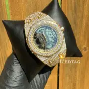 Men Skeleton Gold Plated Stainless Steel Simulated Diamond Full Iced Band Watch