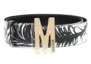Moschino Couture Jeremy Scott Black White Feather Gold Logo M Leather Belt XS 38